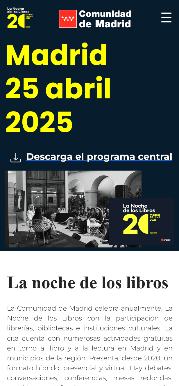 Redesigned La Noche de los Libros mobile homepage from 2025