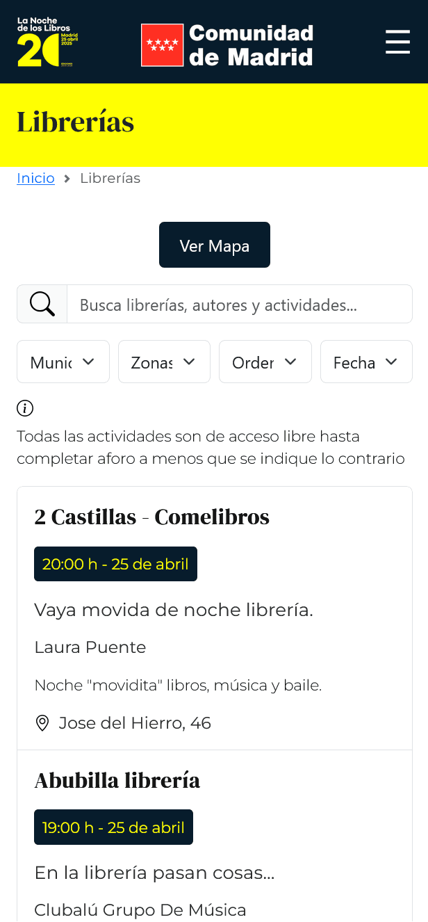 Redesigned La Noche de los Libros mobile bookstores page from 2025