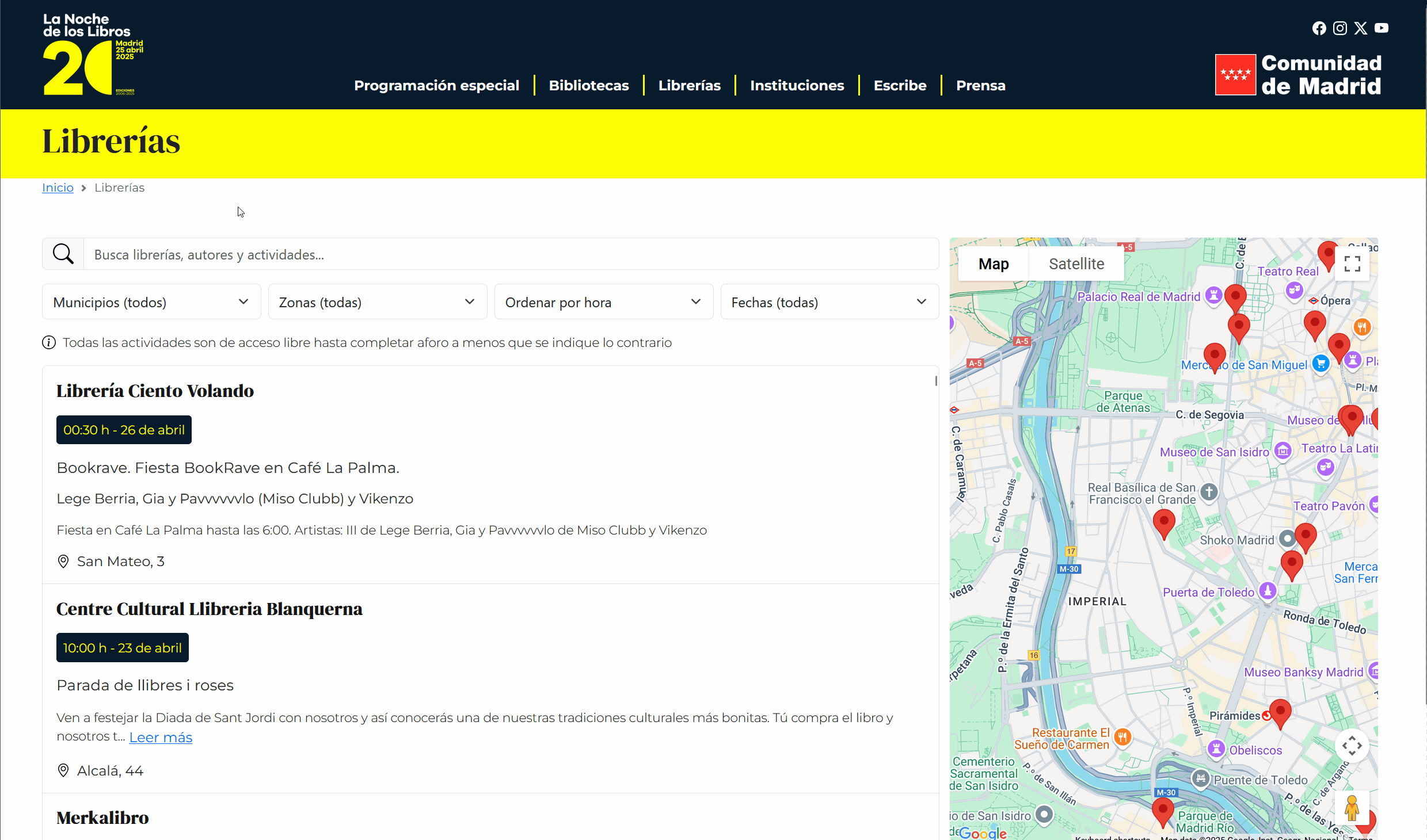 Interactive features of the redesigned La Noche de los Libros Bookstores page