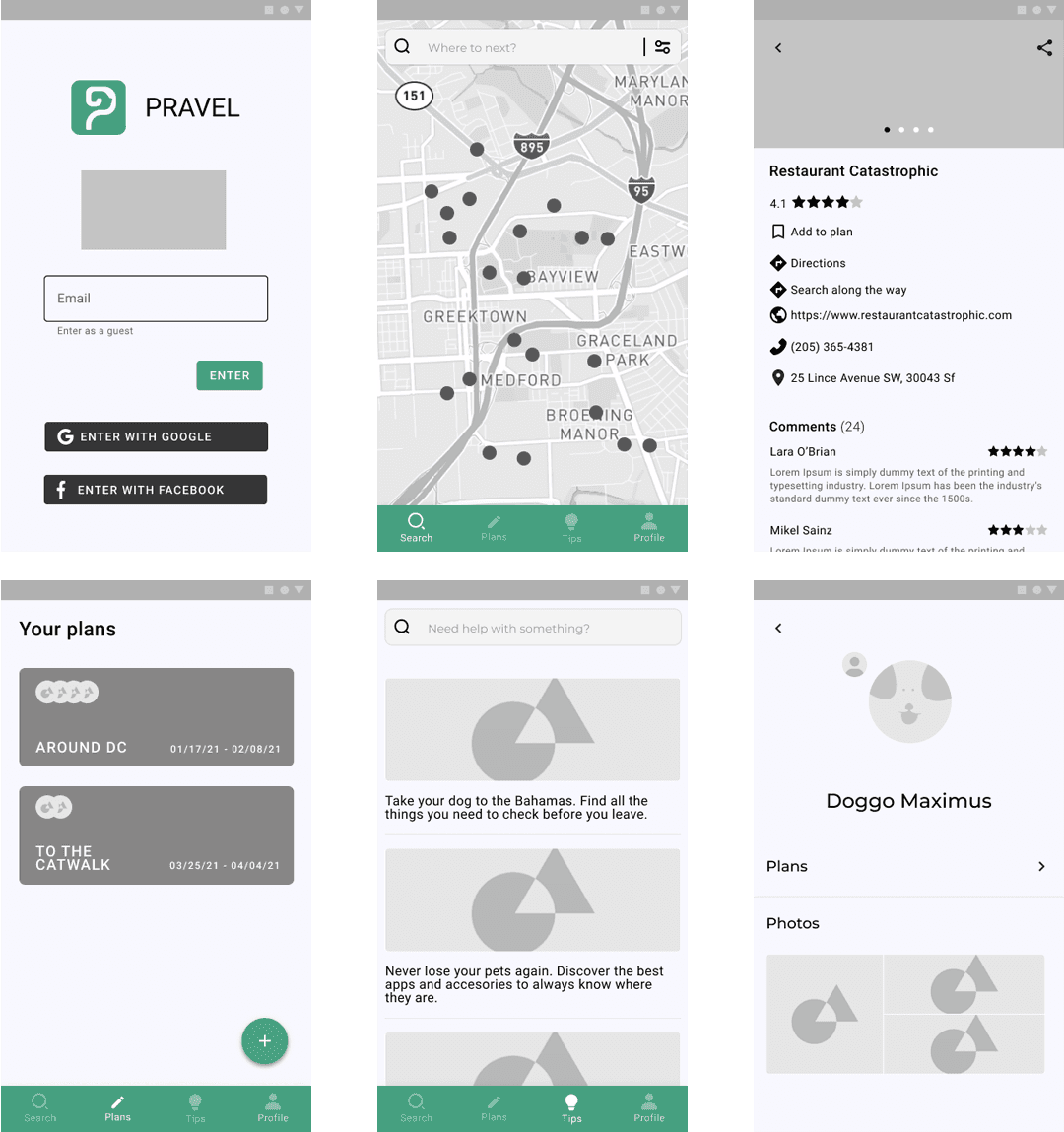 Wireframes of Pravel mobile app