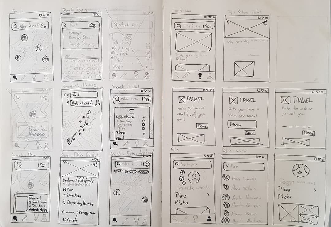 sketches for the design of the Pravel app