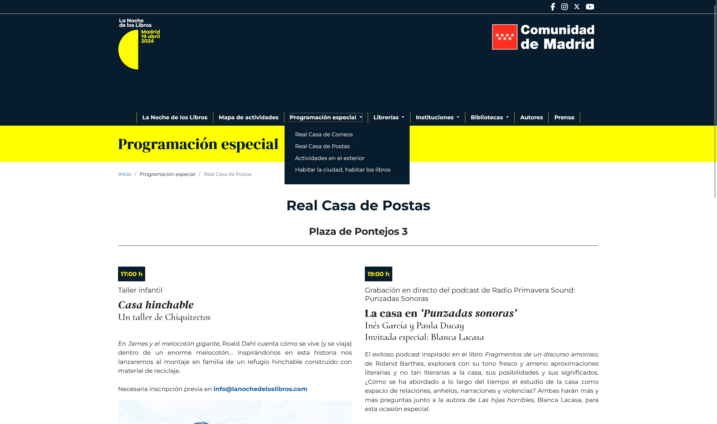 Original La Noche de los Libros design Special events page from 2024